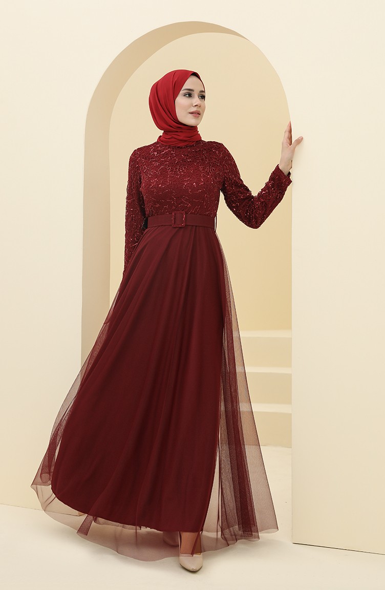 فساتين سهرة بتصميم اسلامي أحمر كلاريت 5353-10 | Sefamerve