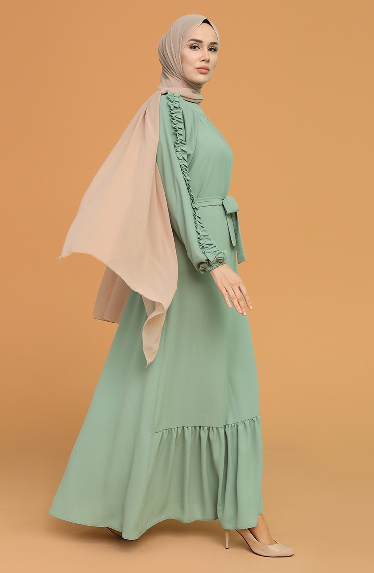 Fırfırlı Kuşaklı Elbise 1007-03 Çağla Yeşili | Sefamerve