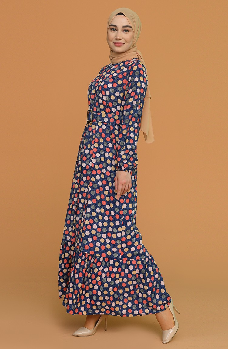 Renkli Puantiyeli Elbise 2192-05 İndigo | Sefamerve