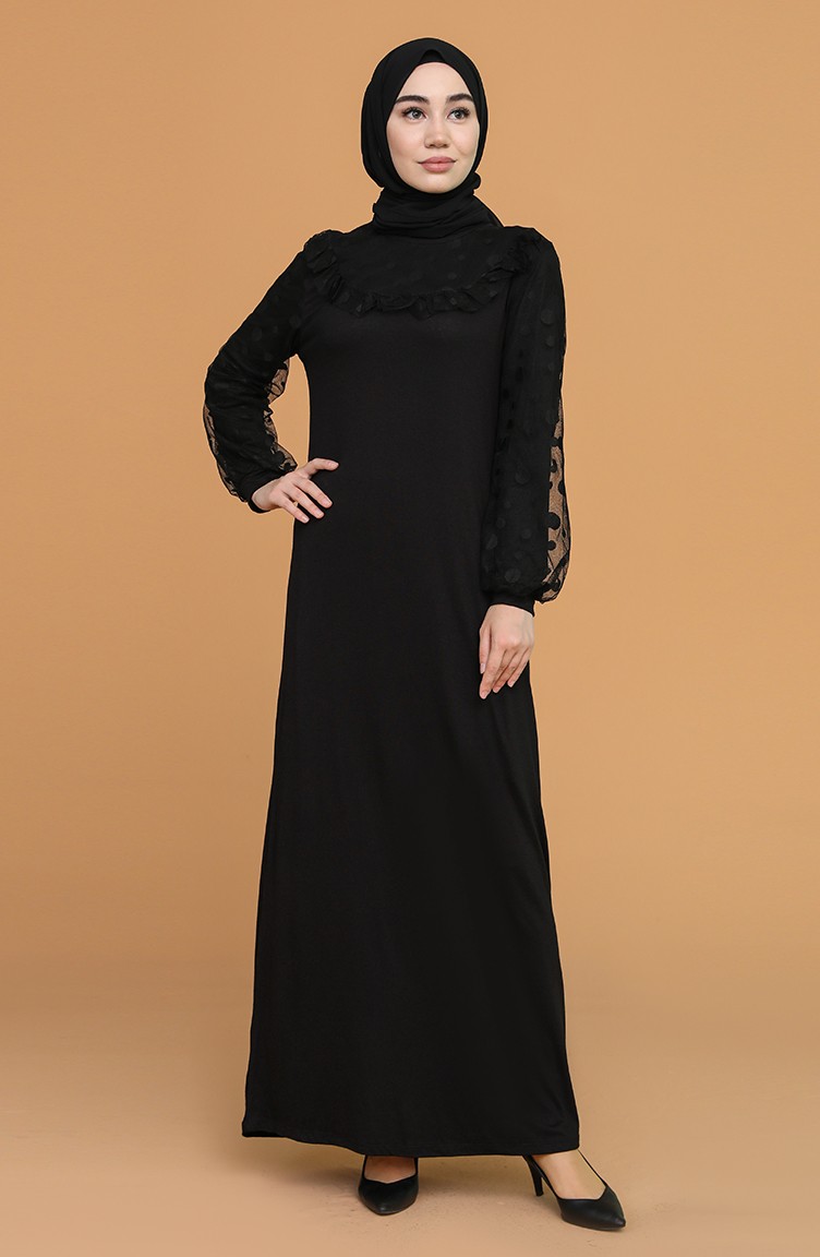 Dantel Yaka Detaylı Elbise 5100-01 Siyah | Sefamerve