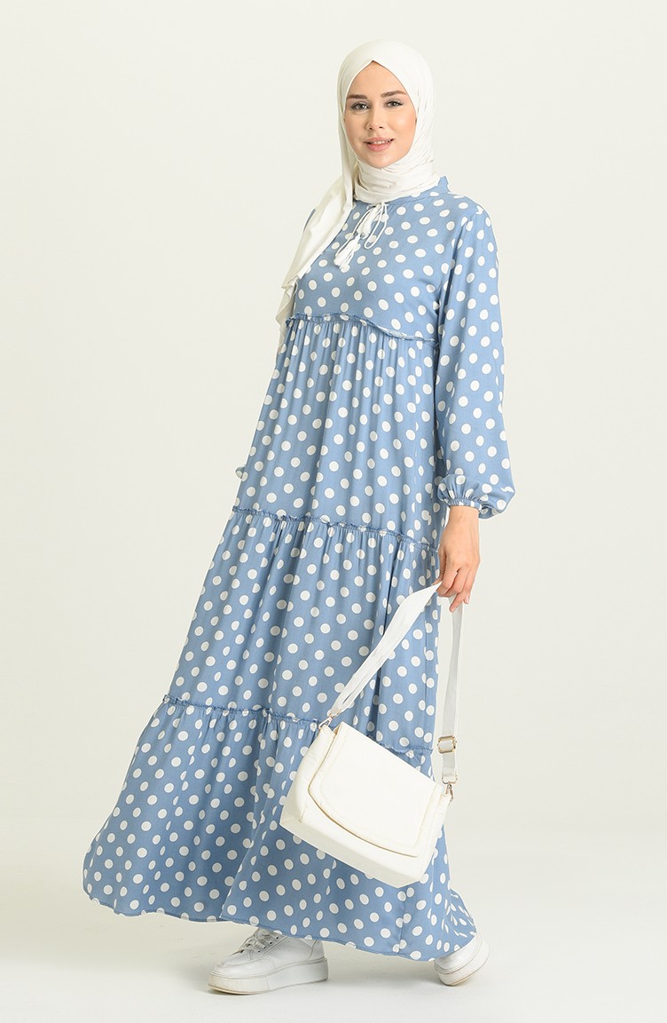 Puantiyeli Elbise 5290-01 Mavi Beyaz | Sefamerve