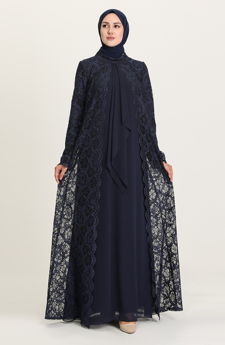 Navy Blue Hijab Evening Dress 3001-03 | Sefamerve