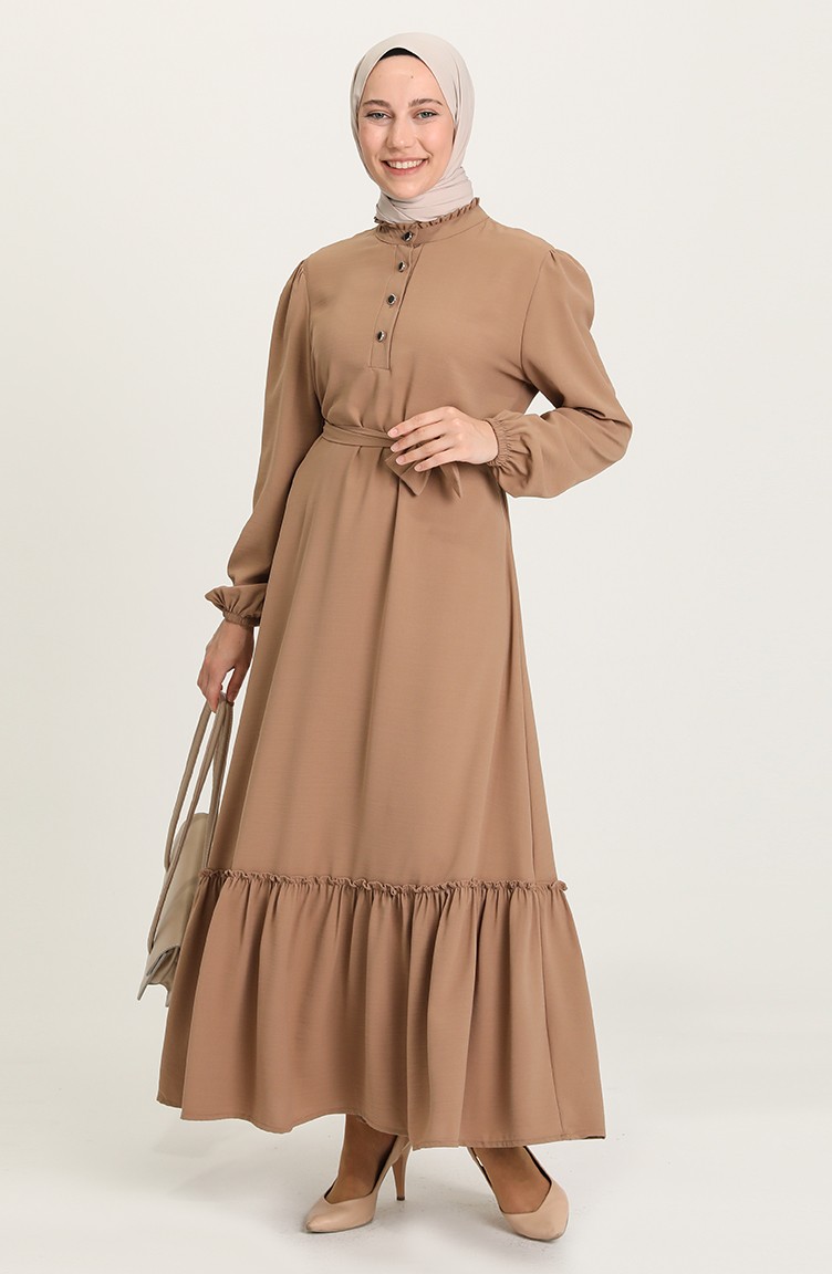 Büzgülü Düğmeli Elbise 5010-06 Vizon | Sefamerve
