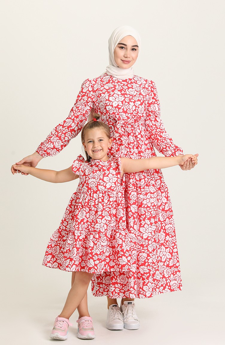 Desenli Anne Kız Kombin Elbise 5403-02 Kırmızı | Sefamerve