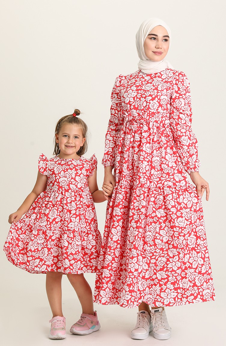 Desenli Anne Kız Kombin Elbise 5403-02 Kırmızı | Sefamerve