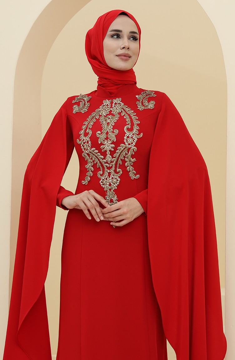 Red Hijab Evening Dress 6007-02 | Sefamerve