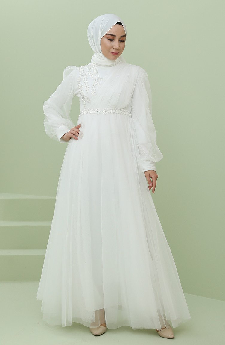 İnci Detaylı Tül Tesettür Abiye Elbise 4215-01 Beyaz | Sefamerve