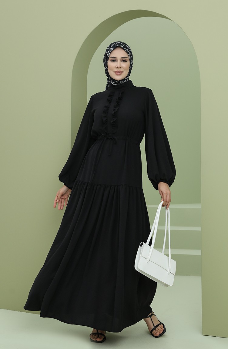 Fırfır Detaylı Balon Kol Elbise 7001-01 Siyah | Sefamerve