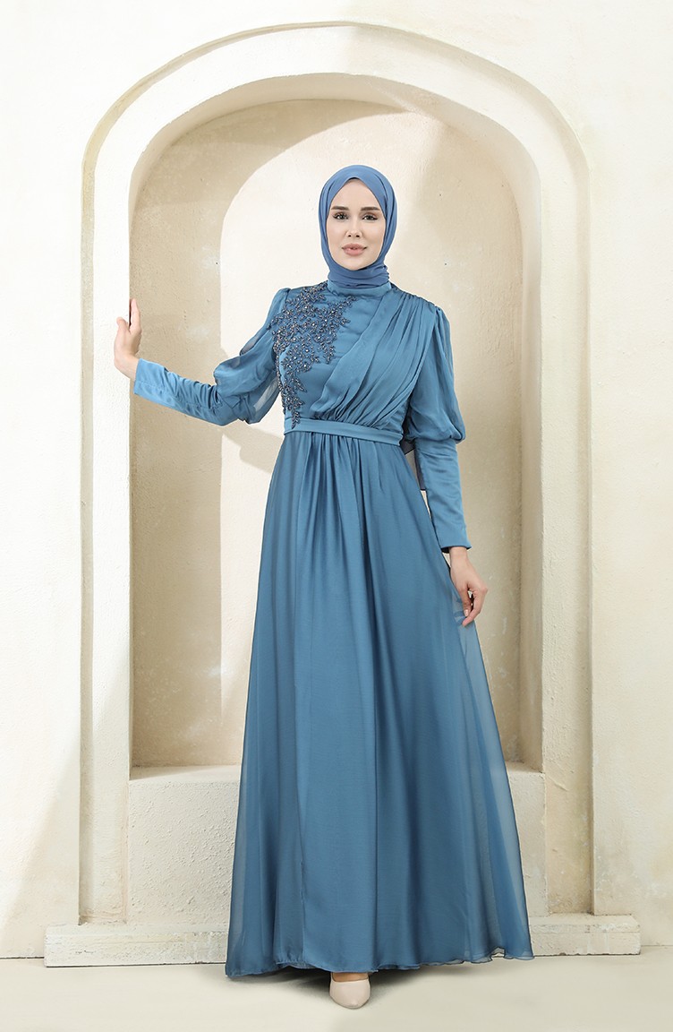 Indigo Hijab Evening Dress 4876-01 | Sefamerve