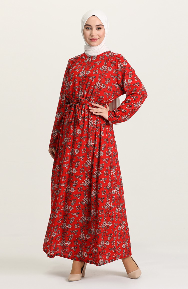 Büyük Beden Desenli Elbise 4575AG-03 Kırmızı | Sefamerve