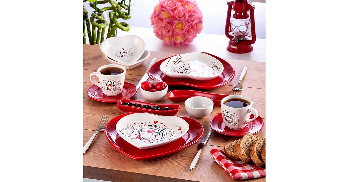 Keramika Keyfi Aşk Kahvaltı Takımı 14 Parça 2 Kişilik  ST008114F800A0308000AS1400-01 Kırmızı | Sefamerve