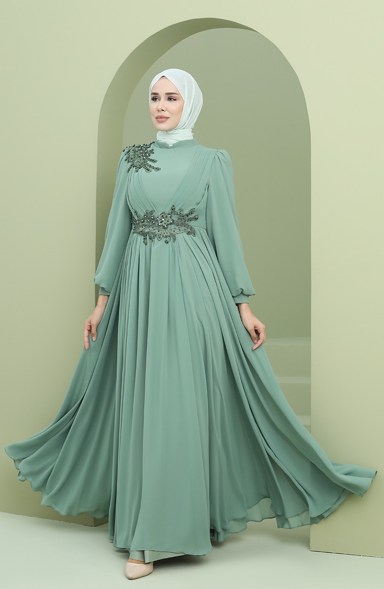Green Almond Hijab Evening Dress 1111-02 | Sefamerve