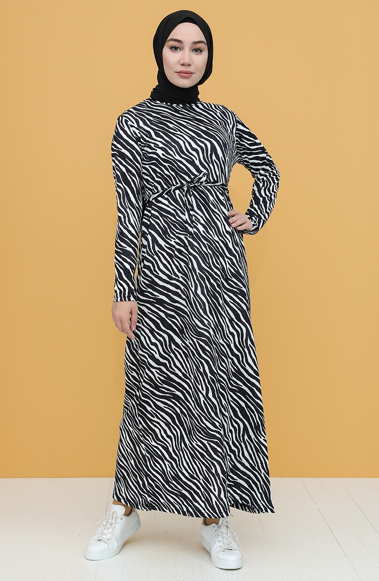 Zebra Desenli Kuşakli Elbise 1047-02 Koyu Lacivert | Sefamerve