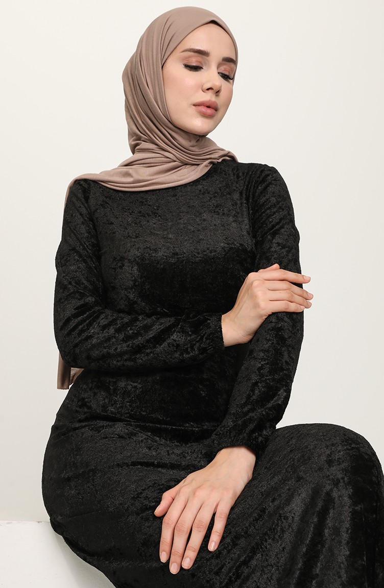 Kolu Lastikli Kadife Elbise 8902-01 Siyah | Sefamerve