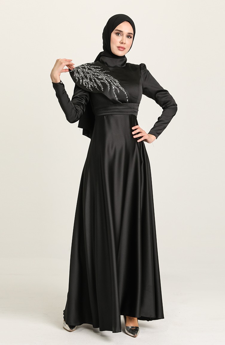 Taşlı Saten Abiye Elbise 4910-06 Siyah | Sefamerve