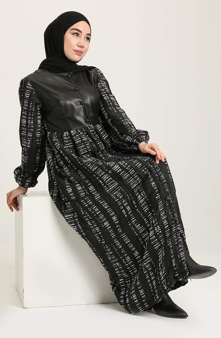 Deri Garnili Elbise 22K8527-08 Siyah | Sefamerve
