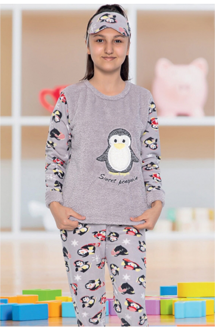 Kız Çocuk Peluş Baskılı Polar Pijama Takımı Tampap 3043 3043-01 Gri |  Sefamerve