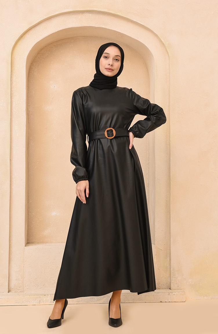 Kolu Lastikli Deri Elbise 5010-02 Siyah | Sefamerve