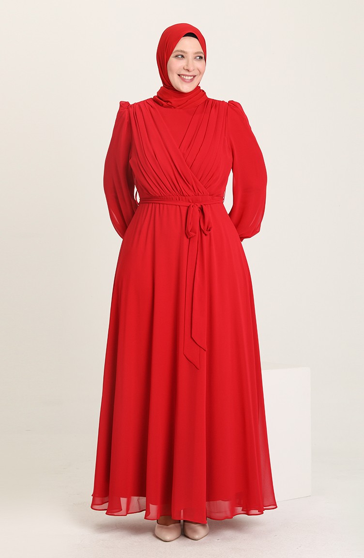 Büyük Beden Önü Pileli Şifon Abiye Elbise 6020-01 Kırmızı | Sefamerve