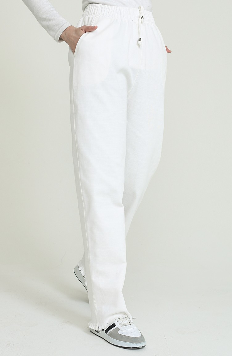 Saçaklı Bol Paça Kot Pantolon 3602F-06 Beyaz | Sefamerve