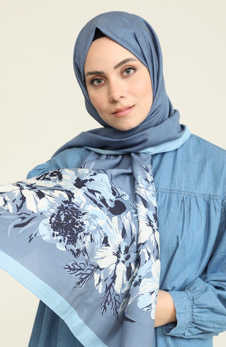 Çiçekli Desen Modal Seri Şal Eşarp Askısı İle Birlikte 75X200 Cm Mavi |  Sefamerve