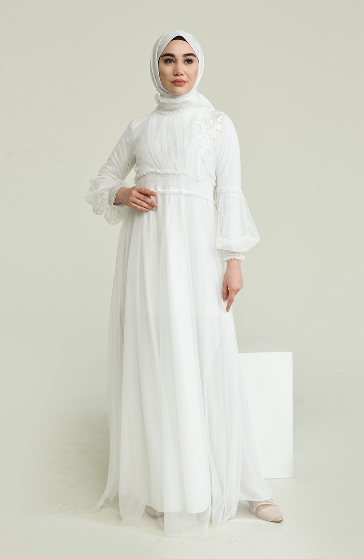 White Hijab Evening Dress 5652-04 | Sefamerve