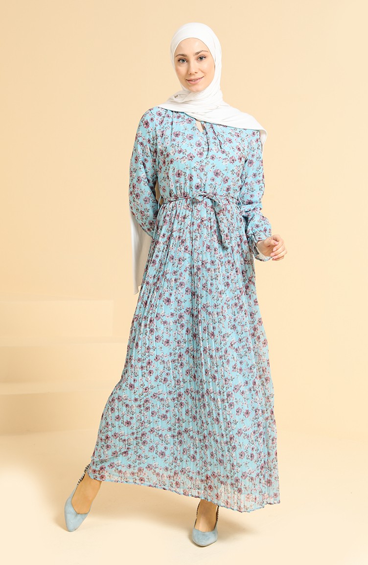 Çiçekli Şifon Elbise 0822-01 Mavi | Sefamerve