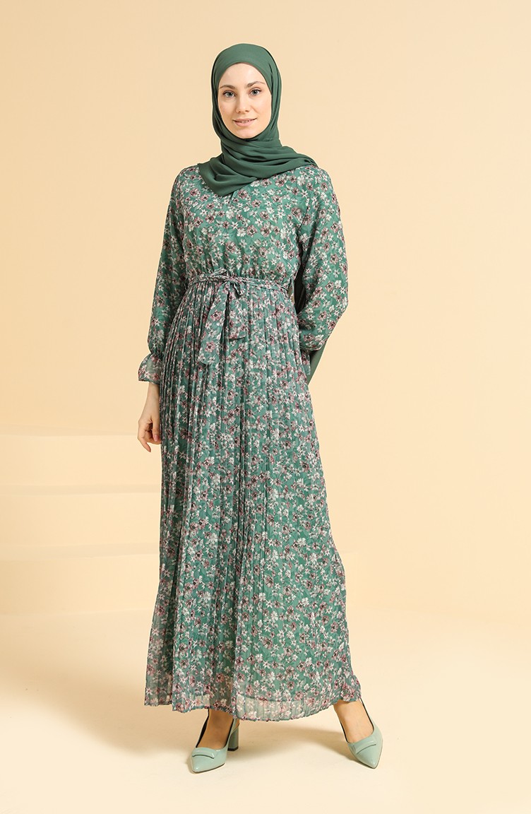 Çiçekli Şifon Elbise 0822-06 Yeşil | Sefamerve
