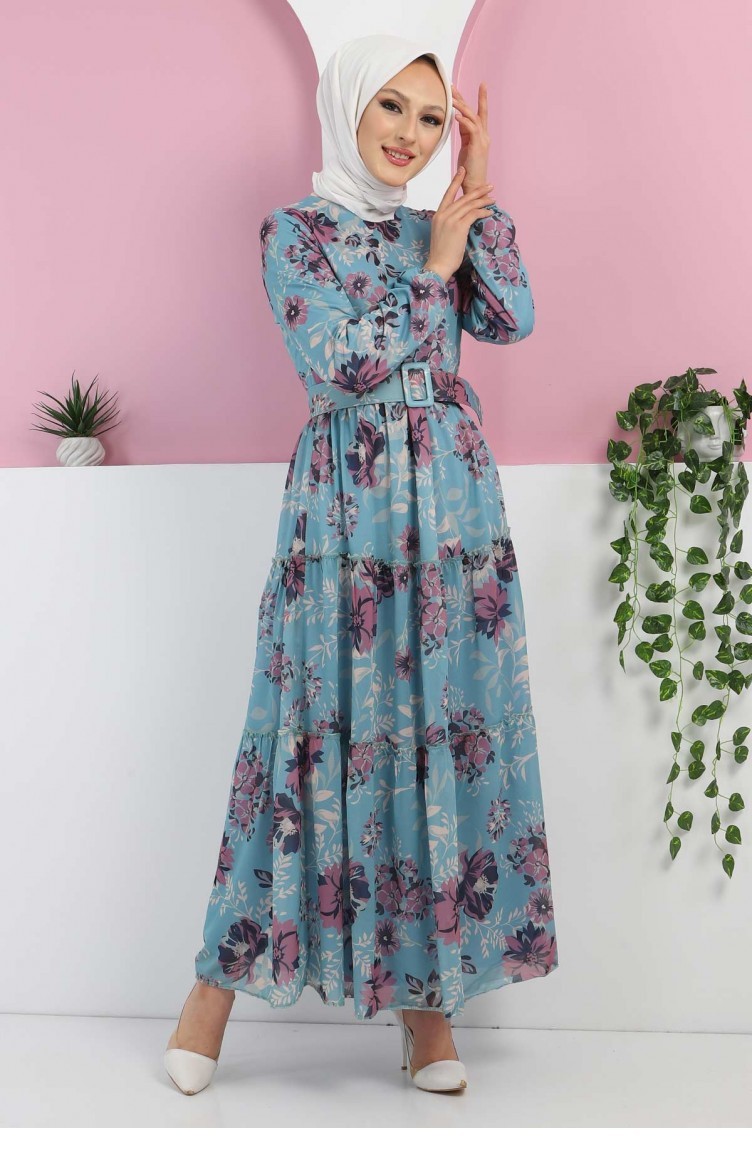 Çiçekli Şifon Elbise 12900 Mavi | Sefamerve