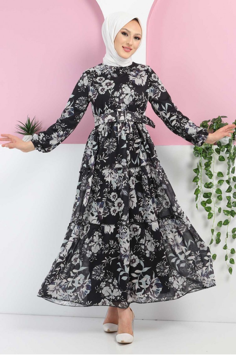 Çiçekli Şifon Elbise 12900 Siyah | Sefamerve