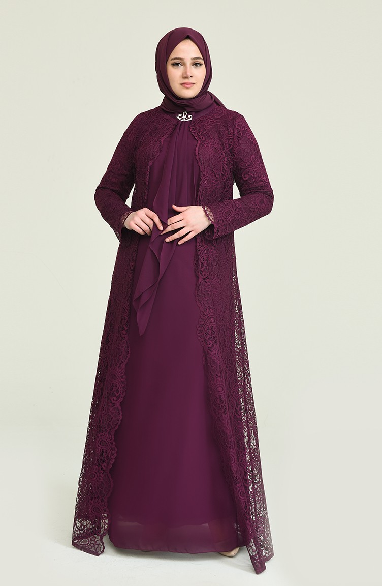 فستان سهرة من قطعتين وقياسات كبيرة 4001-02 لون ارجواني 4001-02 | Sefamerve