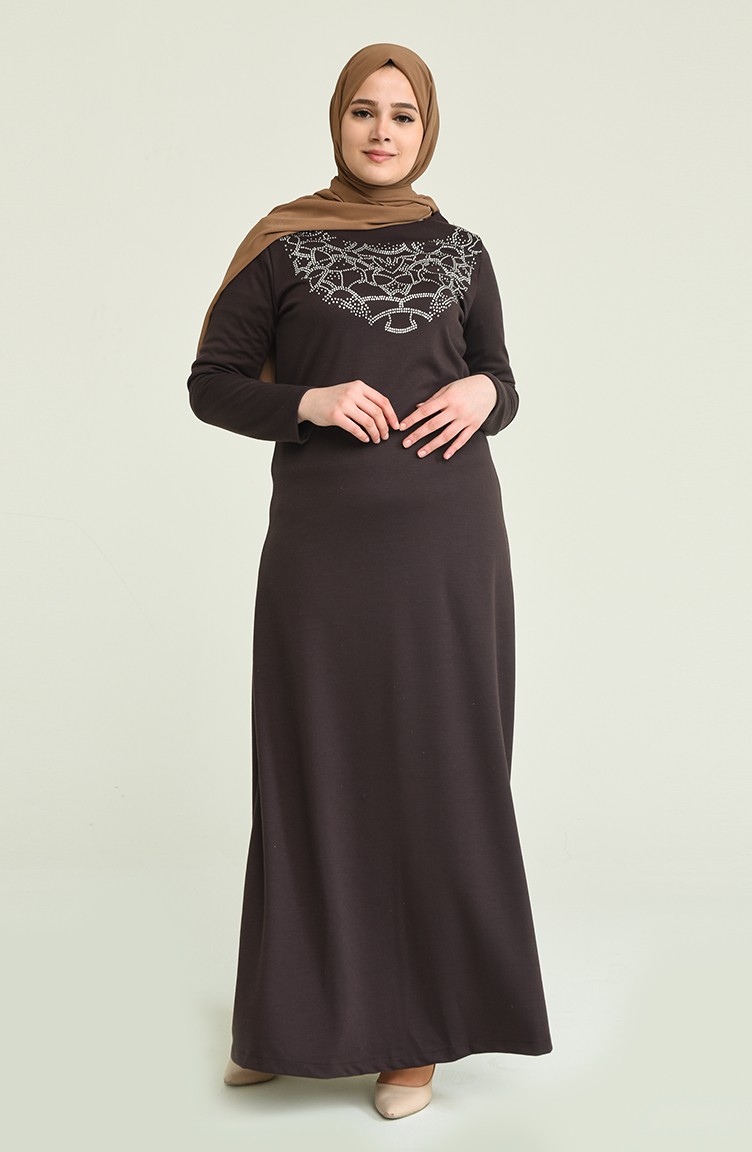 Büyük Beden Taş Baskılı Elbise 2025-01 Kahverengi | Sefamerve