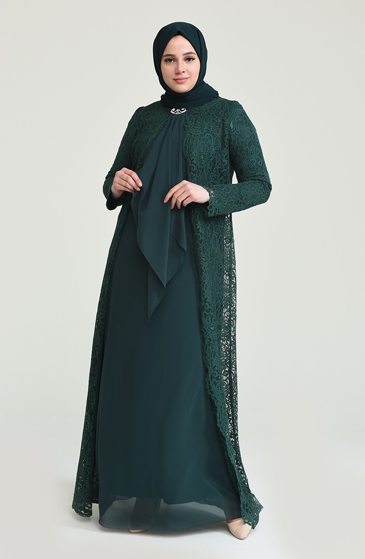 Büyük Beden Takım Görünümlü Abiye Elbise 4001-04 Zümrüt Yeşili | Sefamerve