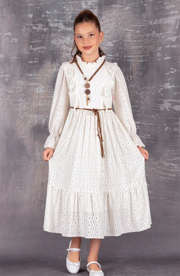 Boydan Kolyeli Kız Çocuk Elbisesi TVD2182BR-01 Ekru | Sefamerve