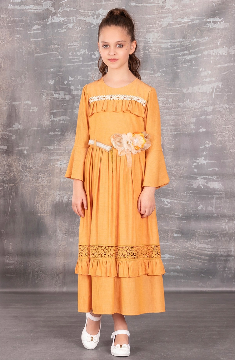 Kemerli Kız Çocuk Boydan Elbise TVD1738KM-01 Hardal | Sefamerve