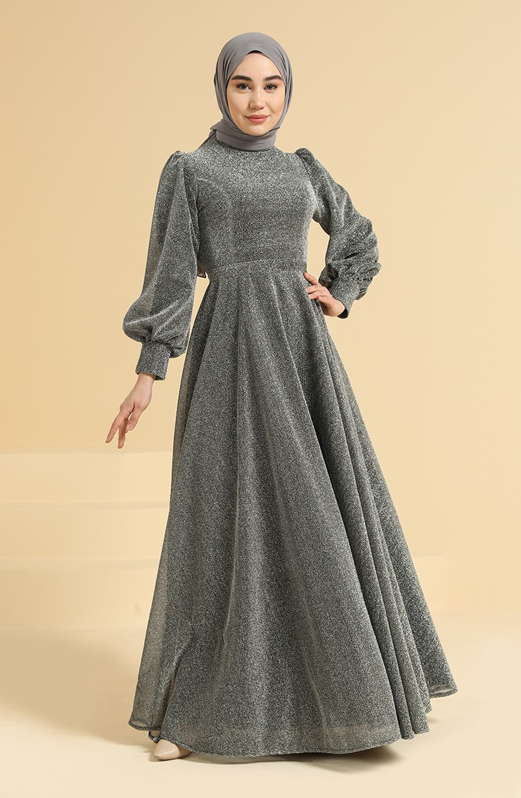 Silver Gray Hijab Evening Dress 80108-01 | Sefamerve