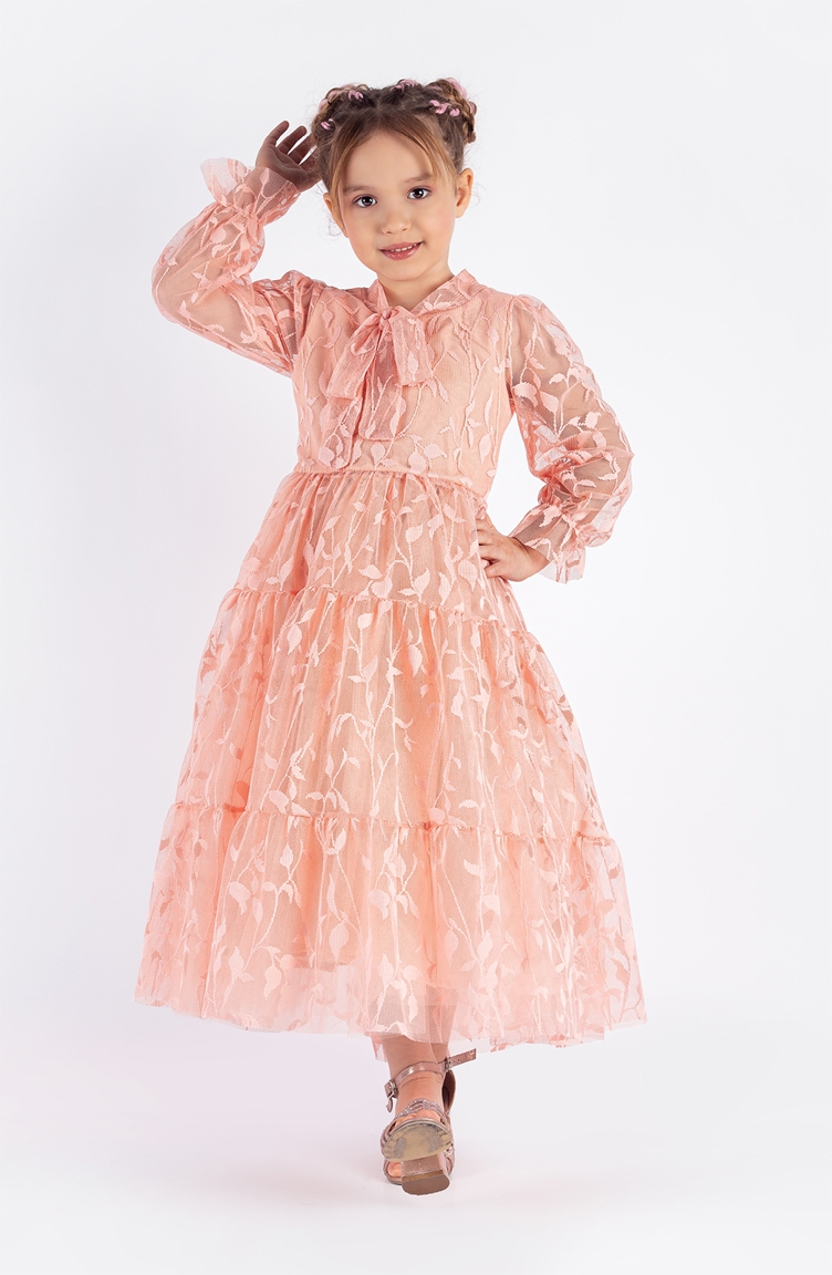 Yaprak Desenli Uzun Dantel Kız Çocuk Abiye Elbise PMDP01Y-01 Somon |  Sefamerve