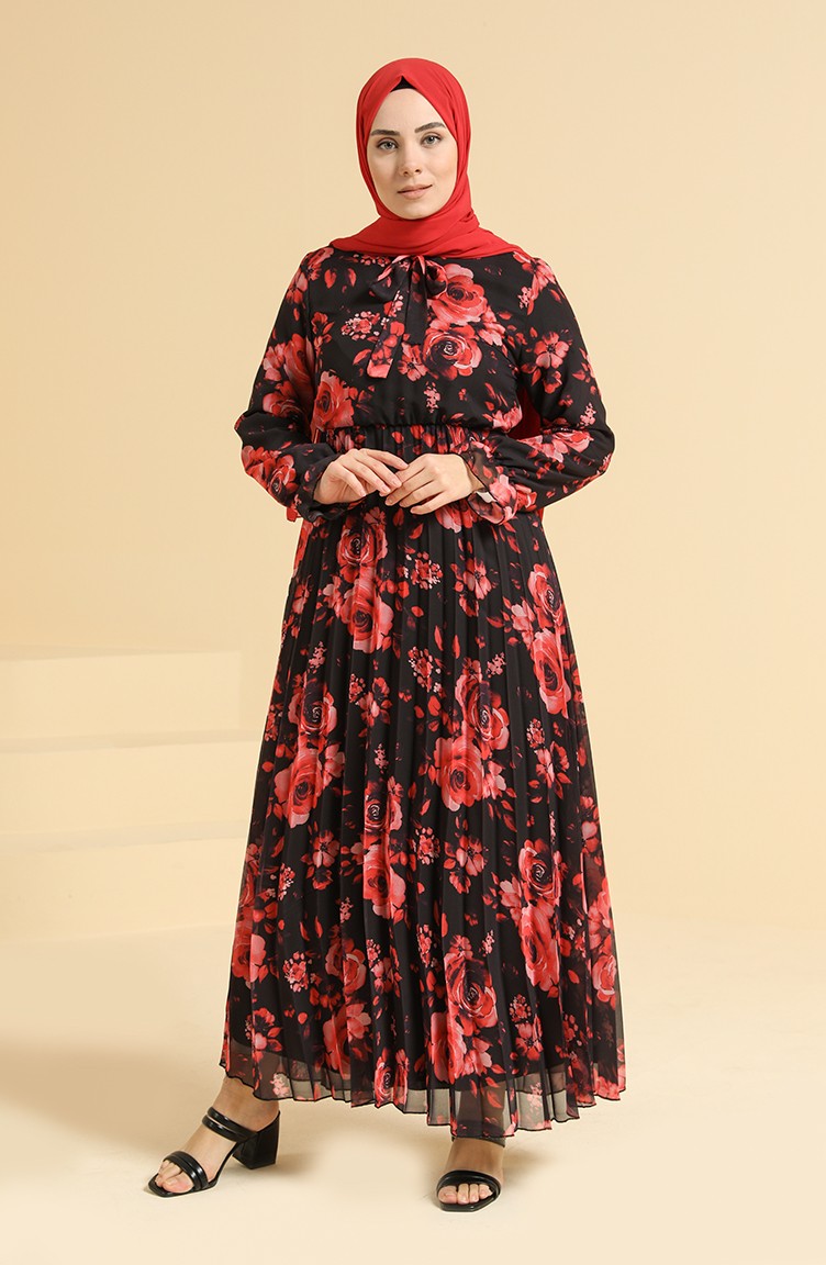 Çiçek Desenli Şifon Elbise 4011-02 Siyah | Sefamerve