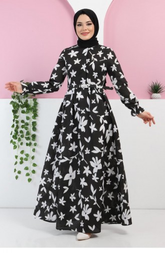 Kemerli Çiçekli Elbise 10433 Siyah | Sefamerve
