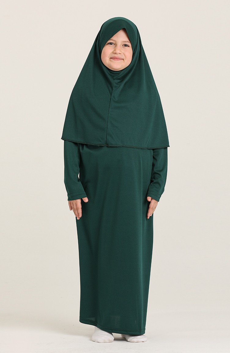 Başörtülü Çocuk Namaz Elbisesi 1600-02 Zümrüt Yeşili | Sefamerve