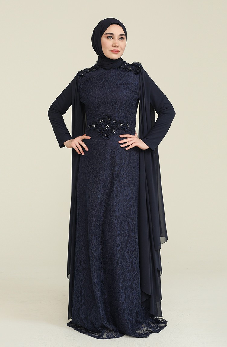Navy Blue Hijab Evening Dress 7113-01 | Sefamerve
