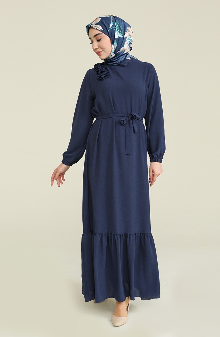 Kadın Büyük Beden Omzu Fırfırlı Elbise 8207 Lacivert | Sefamerve