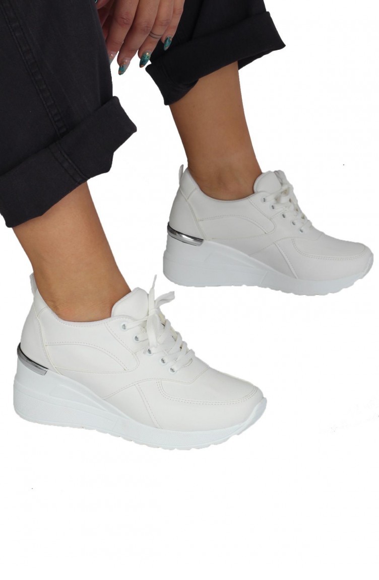 Beyaz Dolgu Topuklu Sneaker Bağcıklı Spor Ayakkabı Pily Beyaz | Sefamerve