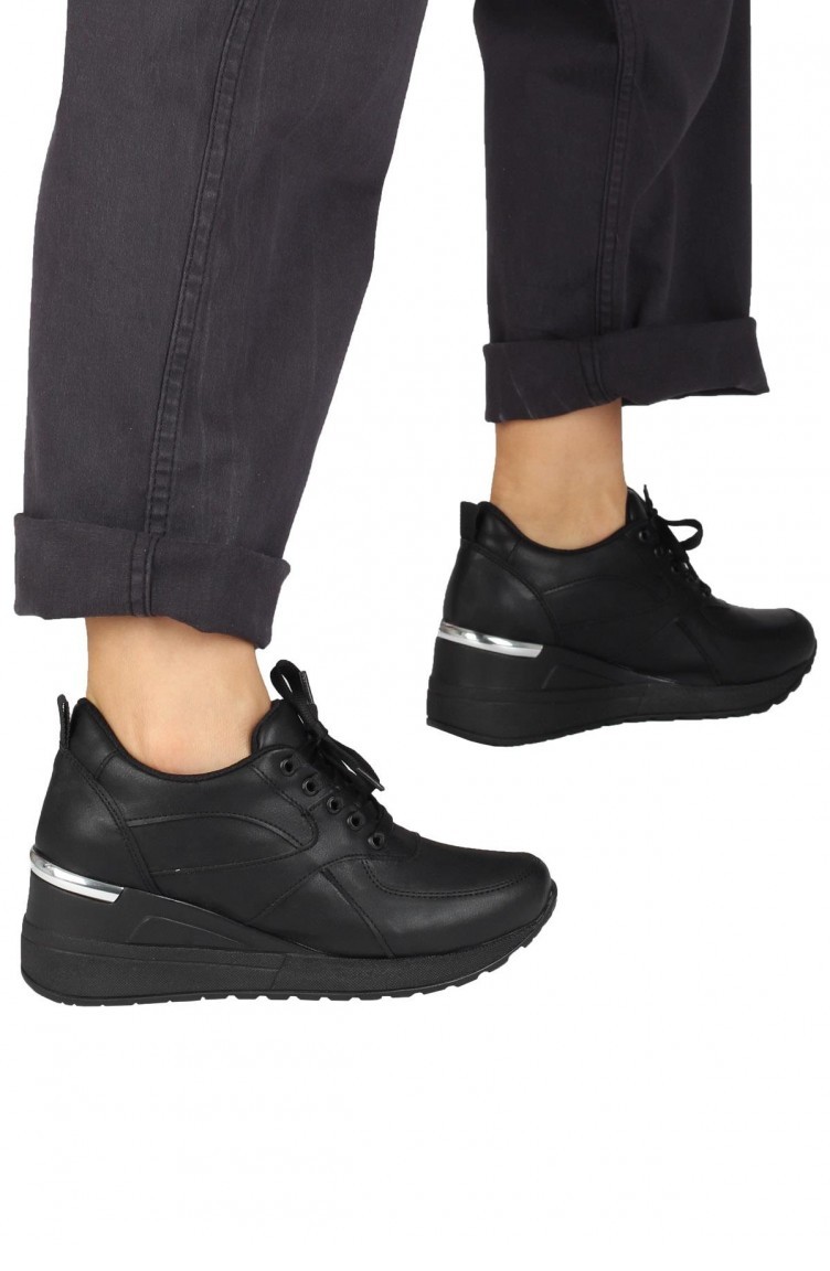 Siyah Dolgu Topuklu Sneaker Bağcıklı Spor Ayakkabı Pily Siyah | Sefamerve