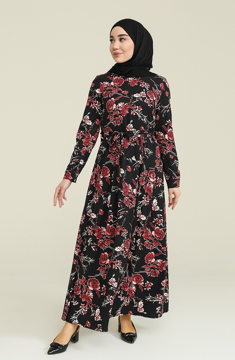 Çiçek Desenli Viskon Elbise 60224-01 Siyah Pudra | Sefamerve