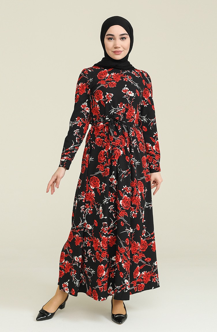 Çiçek Desenli Viskon Elbise 60224-02 Siyah Kırmızı | Sefamerve