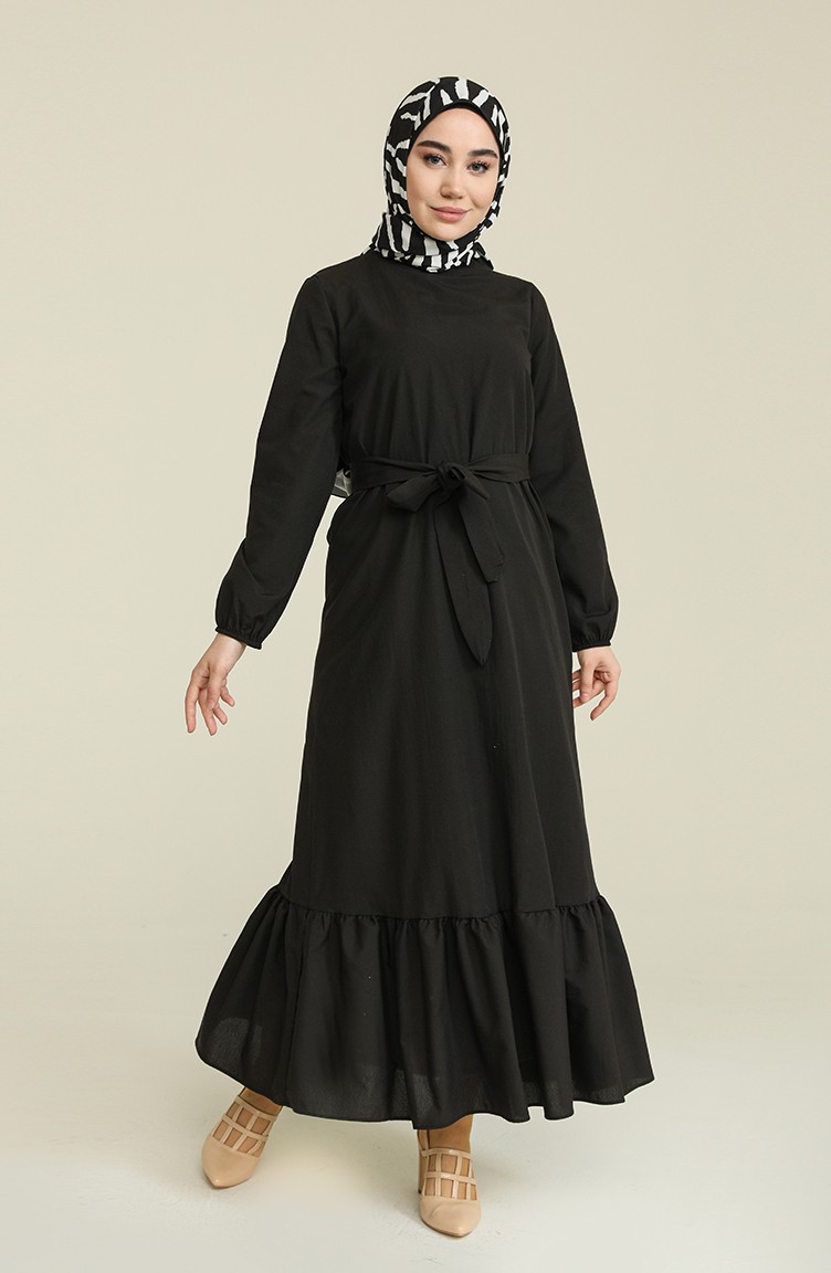 Kolu Lastikli Kuşaklı Elbise 15040-01 Siyah | Sefamerve