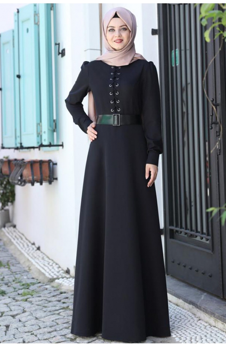 Mina Tesettür Elbise AHU1010-04 Siyah | Sefamerve