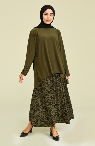Sandy Leopar Desenli Bluz Etek İkili Takım 6004-01 Yeşil | Sefamerve