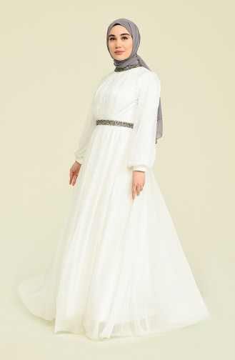 Kemerli Simli Abiye Elbise 5501-20 Beyaz | Sefamerve